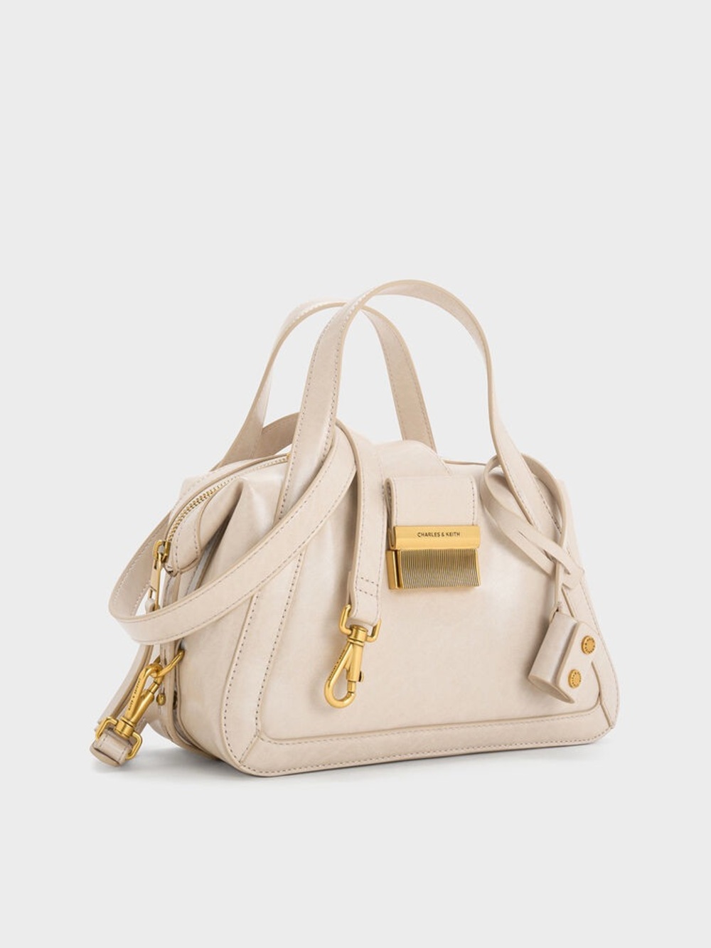 Charles & Keith Cream Leather Top-Handle Satchel with Gold Hardware